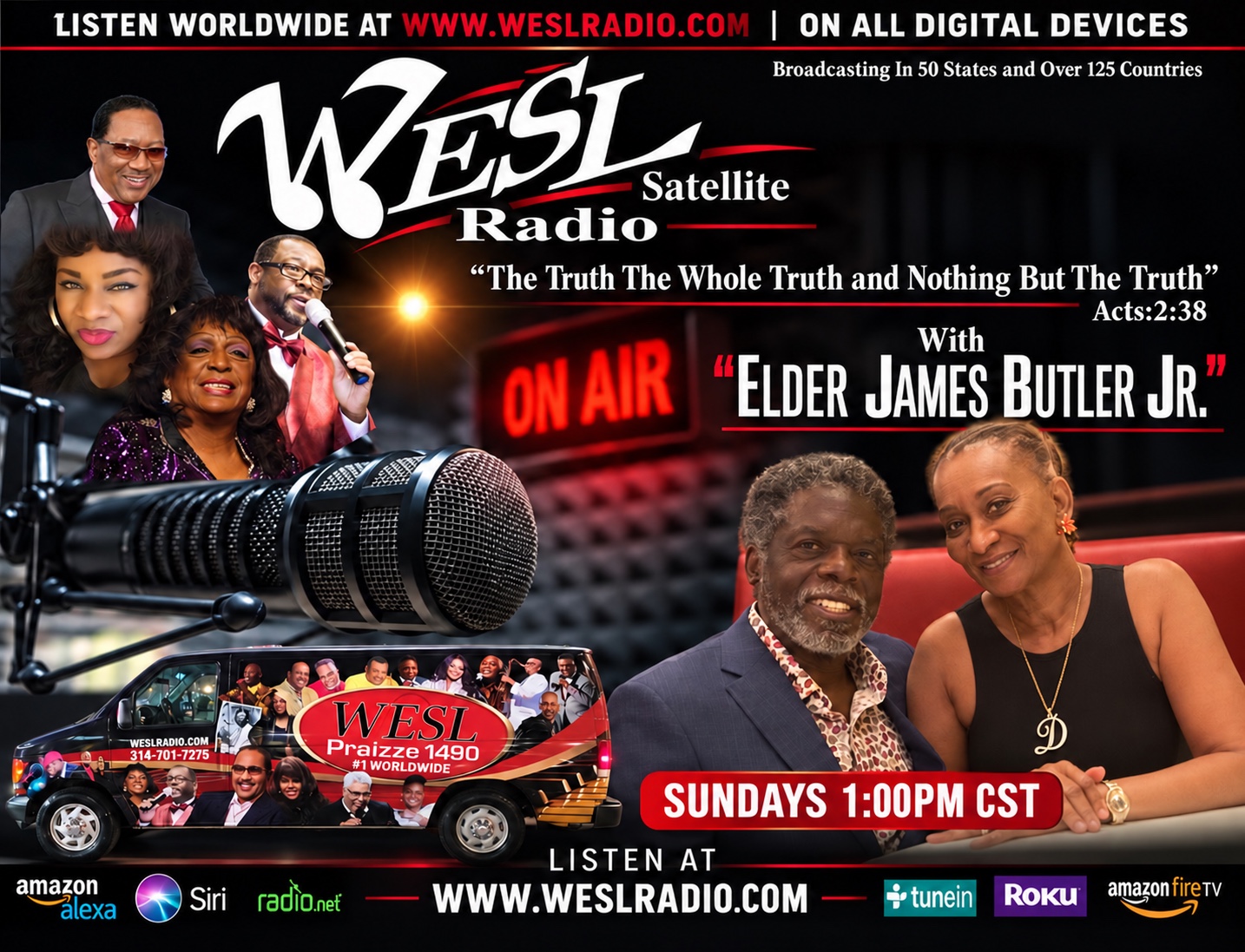 WESL Satellite Radio flyer featuring Elder James Butler Jr. and Sunday 1 PM Central radio broadcast